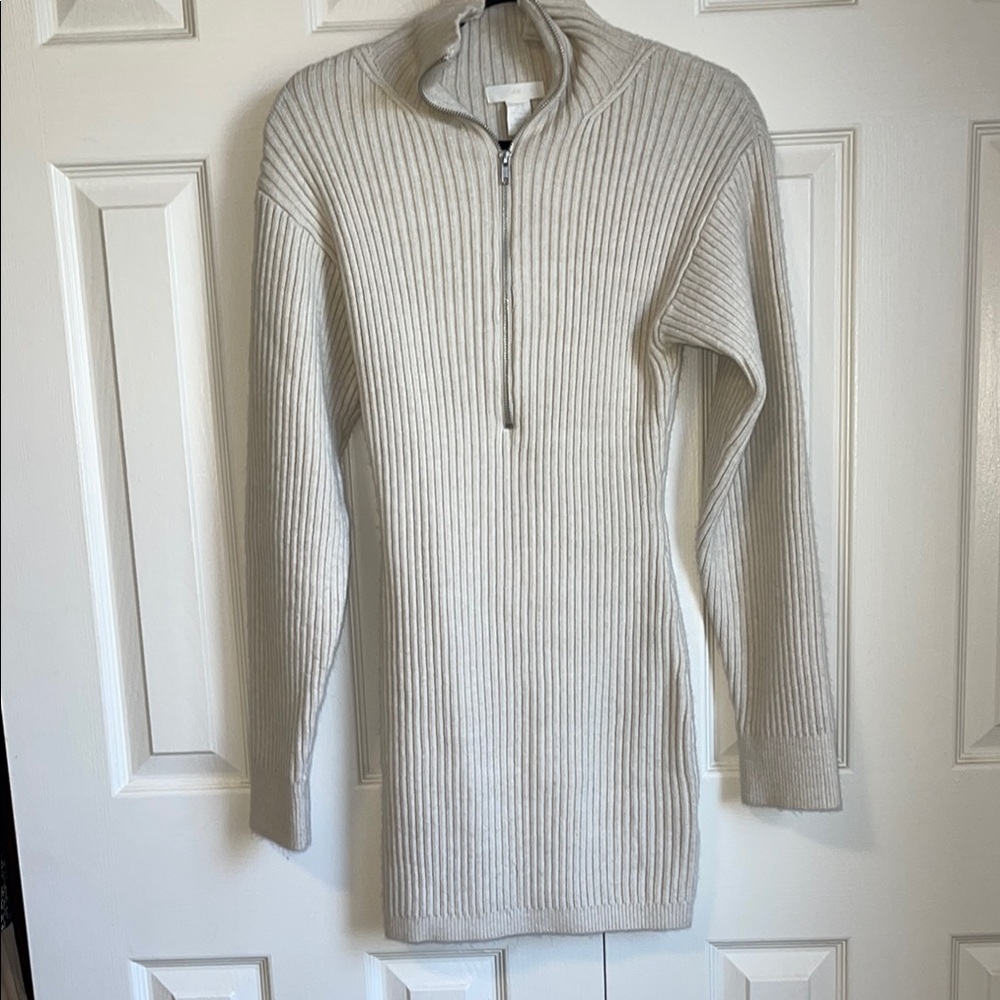 H&M Cream Mini Dress with High Neck and Ribbed Knit